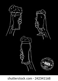 on a black background set of three glasses of beer , holding hands