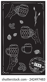 on a black background set of three glasses of beer , holding hands