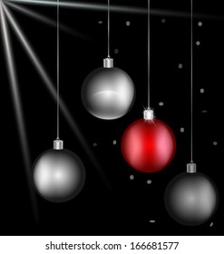 on black background there are black-white and red Christmas balls