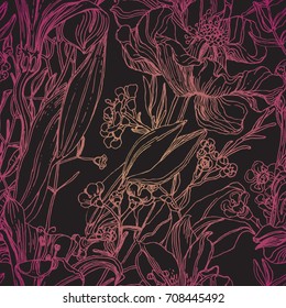 On a black background there are flowers. Seamless pattern from flowers. A realistic drawing of flowers. Thin lines. Lots of details. Ink graphics and pen. Illustration. Vector. 