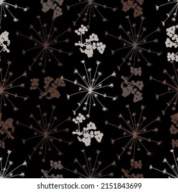 On a black background. Vintage pattern, abstract splash of paint. A modern multi-colored herbarium of dried flowers for summer textiles and surface design