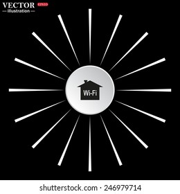 On a black background white circle with white rays. The house is surrounded by a network wi-fi , vector illustration, EPS 10