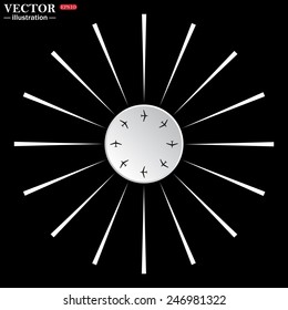 On a black background white circle with white rays. Fashion Icon Aircraft, vector illustration, EPS 10