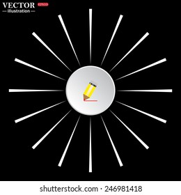 On a black background white circle with white rays. yellow pencil, vector, EPS 10