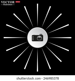 On a black background white circle with white rays. photo camera, vector illustration, EPS 10