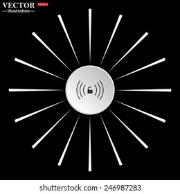 On a black background white circle with white rays. Wireless network access is open, unlocked , vector illustration, EPS 10