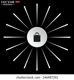 On a black background white circle with white rays. Shopping basket, bag, vector illustration, EPS 10