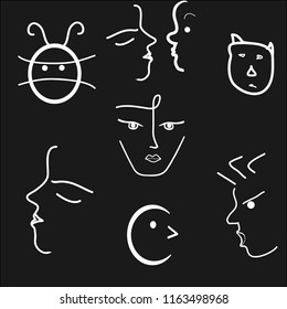 on a black background a white face and a white profile with different feelings