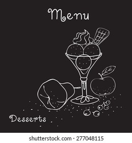 on a black background with white linearly drawn desserts menu in the form of fruit and cups of ice cream