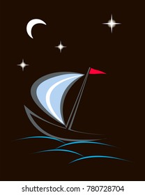 On a black background, a yacht with a red flag, under the moon and stars floats along the waves.