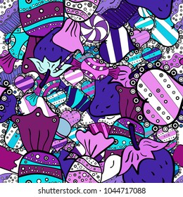 On black, blue and white colors. Candy vector doodle. Seamless pattern with watercolor sweets candies.