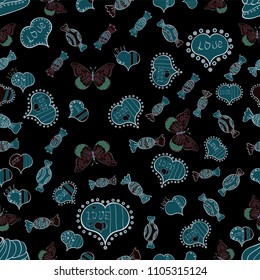 On black, blue and white colors. Candy vector doodle. Seamless pattern with watercolor sweets candies.