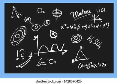 On a black chalkboard, inscribed with school phrases and symbols is the inscription:Vector illustration.