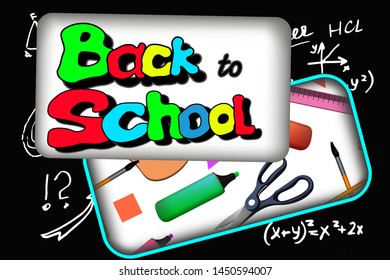 On a black chalkboard, inscribed with school phrases and symbols is the inscription: Back to school, school supplies: pencils, a globe, a ruler, paints. Vector illustration.
