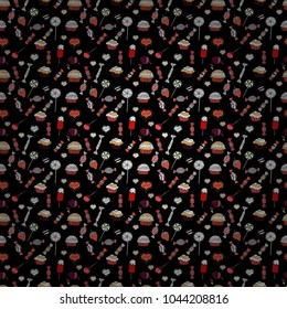 On black, gray and white colors. Candy vector doodle. Seamless pattern with watercolor sweets candies.