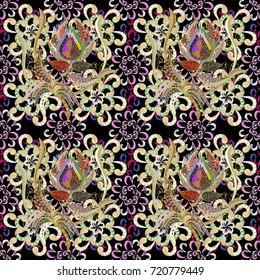 On black, neutral and beige colors. 3d flowers, seamless. Vector illustration.