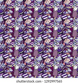 On black, neutral and white. Of different types of beautiful modern cakes, such as chocolate cake. Vector illustration. Cakes seamless pattern collection.