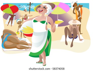 On the Black Sea beach  a woman - fast-food peddler  offers to buy a hot cooked corn