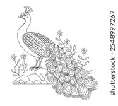 On a black and white coloring book line art peacock 