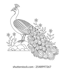 On a black and white coloring book line art peacock 