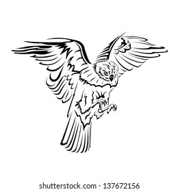 On a black and white picture shows the flight of a falcon.