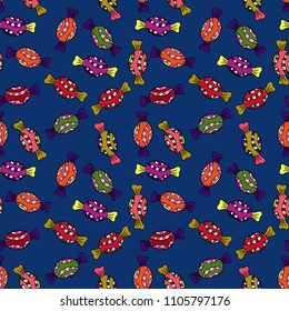 On black, white and purple colors. Vector. Colorful Candy seamless pattern.