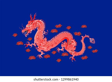 Red​ dragon​ on blue background​