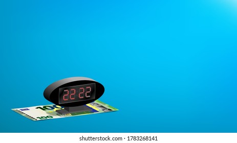 On a blue background, an 3d electronic clock and a paper banknote of the European Union 100 euros. Time is money. EPS10