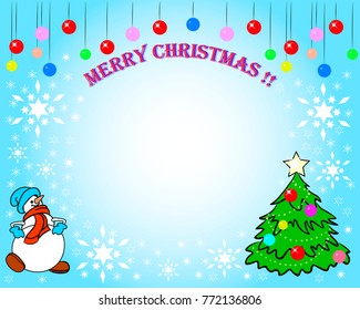 On a blue background is a Christmas tree, a snowman, an inscription-Merry Christmas, white snowflakes and Christmas toys.