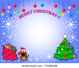 On a blue background - a Christmas tree, a dog, a bag of gifts and an inscription - a Merry Christmas, white snowflakes and Christmas toys.