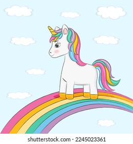 auf blauem Hintergrund mit Wolken ein Einhorn auf Regenbogen 