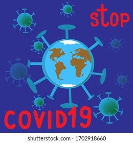 on a blue background coronavirus, globe, stop