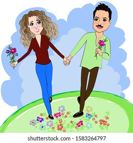 on a blue background couple, happy man and woman walking on flower field with flowers in hands