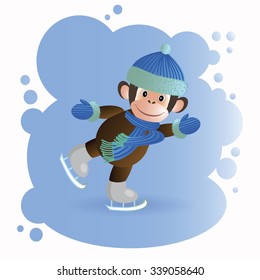 On a blue background depicts an isolated monkey on skates in a brown suit. Vector illustration