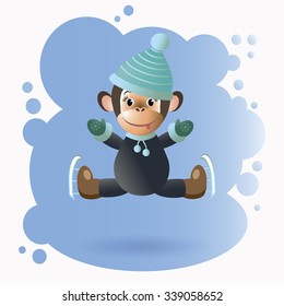 On a blue background depicts an isolated monkey on skates in a black suit. Vector illustration
