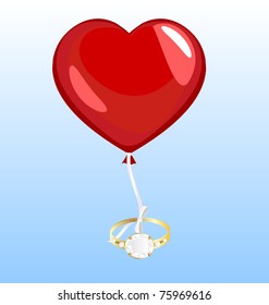 on a blue background flying a balloon in the form of hearts, to which the ribbon is tied a large gold ring