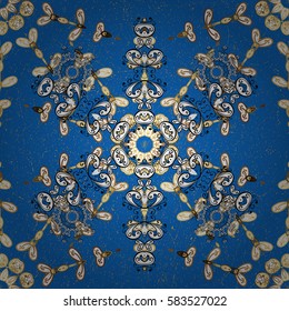 On blue background with golden elements. Golden pattern. Vector oriental ornament.