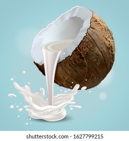 Sobre un fondo azul, medio coco del que se vierte la leche. Ilustración altamente realista.