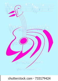 on a blue background with musical notes are isolated guitar and piano keys