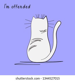 On a blue background offended, white cat sits back.