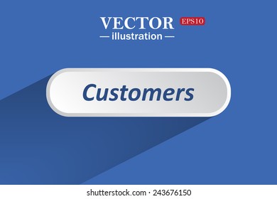 On a blue background with shadow, white button for a site. Customers. Vector illustration, EPS 10
