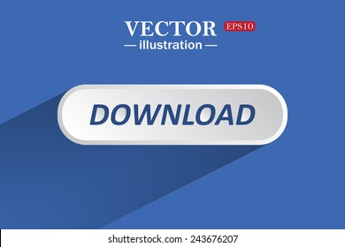 On a blue background with shadow, white button for a site. Download. Vector illustration, EPS 10