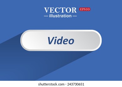 On a blue background with shadow, white button for a site. Video. Vector illustration, EPS 10