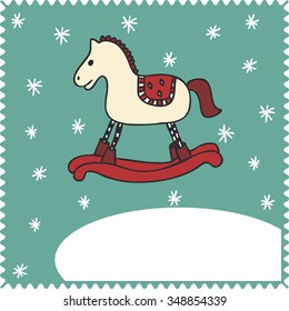 On the blue background - some circles and rocking horse under central empty space for your text. Vector. EPS 8