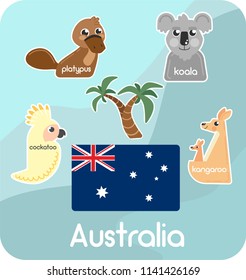 On a blue background stickers in the form of a koala parrot kakadu kangaroo and a platypus palm tree and a flag of Australia with signatures animals of Australia