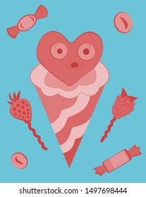 
on a blue background sweets ice cream, lollipop, berries