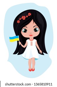 On a blue background there is a cute Ukrainian girl with long dark hair and big eyes. The girl holds the Ukrainian flag in her right hand. Ukraine. Vector image.