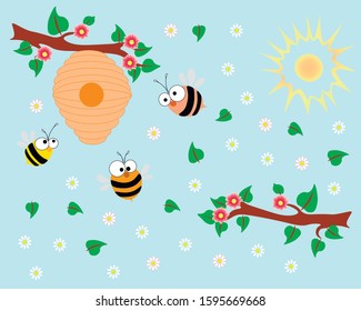 On a blue background are two branches of a tree, the sun, a hive, three bees and flowers.