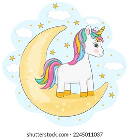 auf blauem Hintergrund ein Einhorn auf dem Mond 