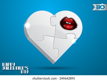 On a blue background volumetric white heart puzzle with red lips